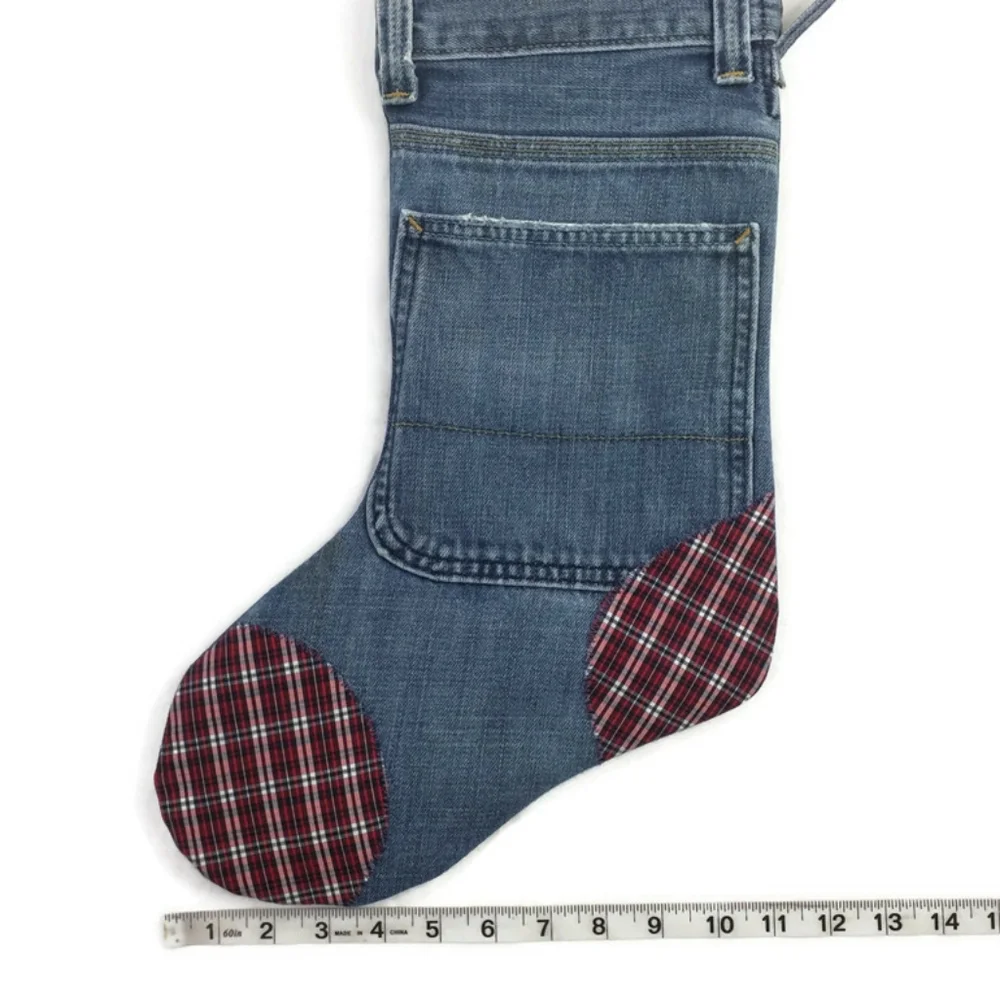 Hand Made Upcycled Denim Christmas Stocking Plaid Toe Heel 17” Rustic Lined